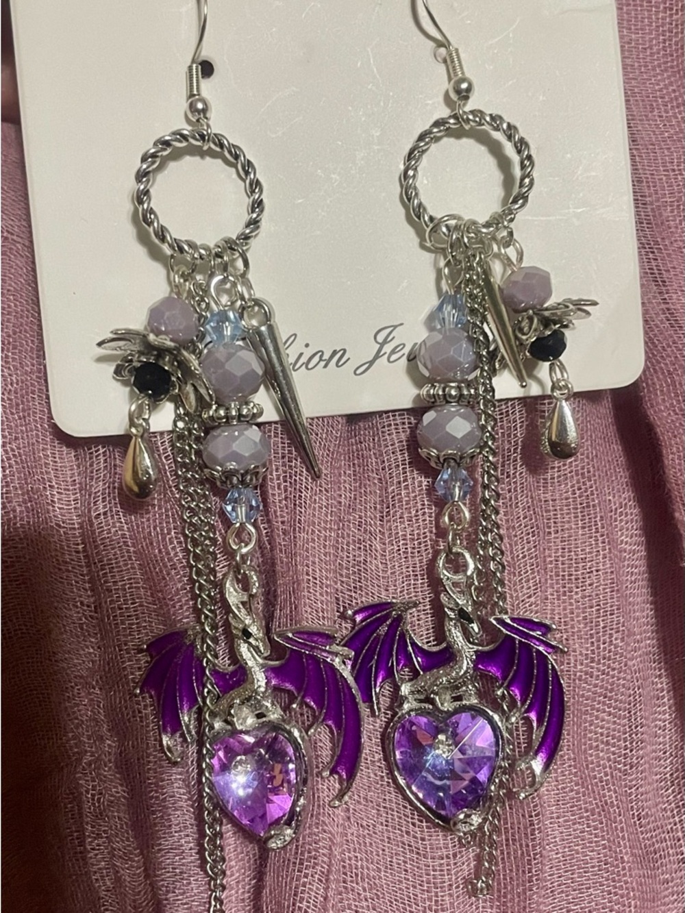 Artisan Fantasy Purple Dragon Heart Dangle Earrings - Picture 4 of 10